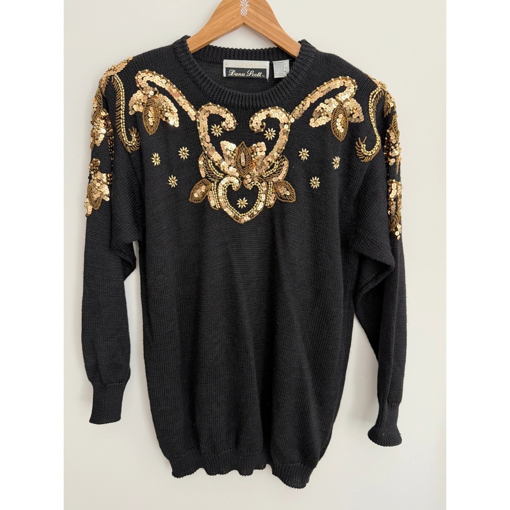 Dana Scott Vintage 80s Black Gold Sequin Beaded Baroque Sweater Womens